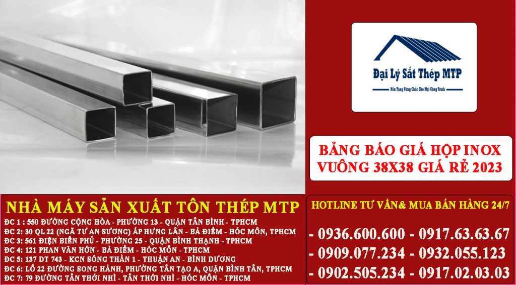 giá hộp Inox 304 vuông 38x38 dày 3.0mm
